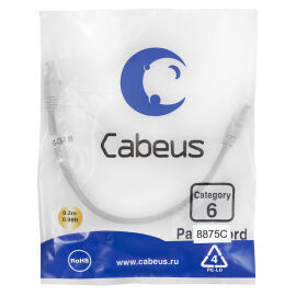 Патч-корд 4 пары, 2хRJ45, 0.3м, Кат.6, UTP, серый, LSZH, Cabeus PC-UTP-RJ45-Cat.6-0.3m-LSZH
