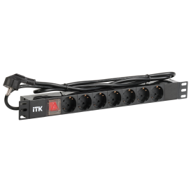 Блок розеток 19", 1U, 7 гнезд (Schuko), 16A, с LED выкл, черный, кабель 2м, ITK PH12-7D1-P