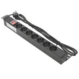 Блок розеток 19", 1U, 7 гнезд (Schuko), 16А, с LED выкл, черный, кабель 2м (3х1,5мм), пластик, TERACOM TRC-HPD-LS-16A-7SH-2MSH