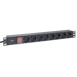 Блок розеток 19", 1U, 8 гнезд (Schuko), 16А, с LED выкл, черный, кабель 2м (3х1,5мм), алюминий, TERACOM PRO TRP-HPD-LS-16A-8SH-2MSH