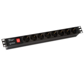 Блок розеток 19", 1U, 8 гнезд (Schuko), вход C14, 10А, с LED выкл, без каб, HL SHE19-8SH-S-IEC