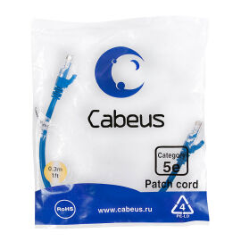 Патч-корд 4 пары, 2хRJ45, 0,3м, Кат.5e, UTP, синий, PVC, Cabeus PC-UTP-RJ45-Cat.5e-0.3m-BL