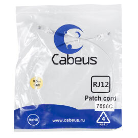 Патч-корд телефонный 2х6р4с, белый, PVC, 0,5м, Cabeus PC-TEL-RJ12-0.5m 