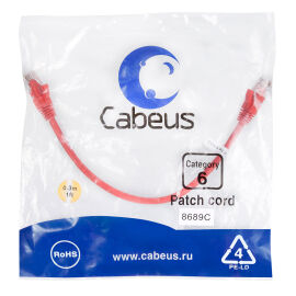 Патч-корд 4 пары, 2хRJ45, 0,3м, Кат.6, UTP, красный, PVC, Cabeus PC-UTP-RJ45-Cat.6-0.3m-RD