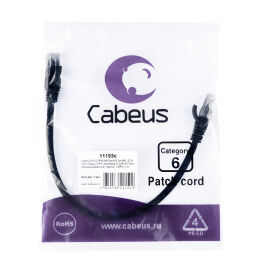 Патч-корд 4 пары, 2хRJ45, 0,3м, Кат.6, UTP, черный, LSZH, Cabeus PC-UTP-RJ45-Cat.6-0.3m-BK-LSZH