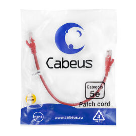 Патч-корд 4 пары, 2хRJ45, 0,3м, Кат.5e, UTP, красный, LSZH, Cabeus PC-UTP-RJ45-Cat.5e-0.3m-RD-LSZH