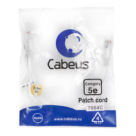 Патч-корд 4 пары, 2хRJ45, 0,3м, Кат.5e, UTP, белый, LSZH, Cabeus PC-UTP-RJ45-Cat.5e-0.3m-WH-LSZH