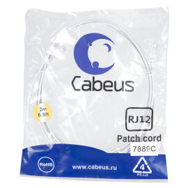 Патч-корд телефонный 2х6р4с, белый, PVC, 2м, Cabeus PC-TEL-RJ12-2m