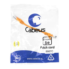 Патч-корд 4 пары, 2хRJ45, 0,15м, Кат.5e, UTP, оранж., PVC, Cabeus PC-UTP-RJ45-Cat.5e-0.15m-OR