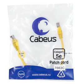 Патч-корд 4 пары, 2хRJ45, 0,3м, Кат.5e, UTP, желтый, PVC, Cabeus PC-UTP-RJ45-Cat.5e-0.3m-YL