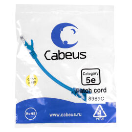 Патч-корд 4 пары, 2хRJ45, 0,15м, Кат.5e, UTP, синий, PVC, Cabeus PC-UTP-RJ45-Cat.5e-0.15m-BL 