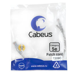 Патч-корд 4 пары, 2хRJ45, 0,3м, Кат.5e, UTP, серый, PVC, Cabeus PC-UTP-RJ45-Cat.5e-0.3m 