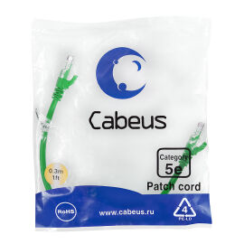 Патч-корд 4 пары, 2хRJ45, 0,3м, Кат.5e, UTP, зеленый, LSZH, Cabeus PC-UTP-RJ45-Cat.5e-0.3m-GN-LSZH