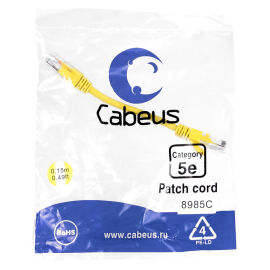 Патч-корд 4 пары, 2хRJ45, 0,15м, Кат.5e, UTP, желтый, PVC, Cabeus PC-UTP-RJ45-Cat.5e-0.15m-YL