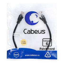 Патч-корд 4 пары, 2хRJ45, 0,3м, Кат.6, UTP, черный, PVC, Cabeus PC-UTP-RJ45-Cat.6-0.3m-BK