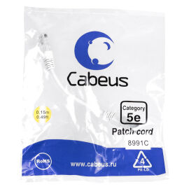 Патч-корд 4 пары, 2хRJ45, 0,15м, Кат.5e, UTP, белый, PVC, Cabeus PC-UTP-RJ45-Cat.5e-0.15m-WH