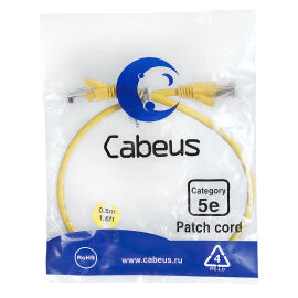 Патч-корд 4 пары, 2хRJ45, 0,5м, Кат.5e, UTP, желтый, LSZH, Cabeus PC-UTP-RJ45-Cat.5e-0.5m-YL-LSZH