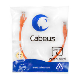 Патч-корд 4 пары, 2хRJ45, 0,3м, Кат.6, UTP, оранжевый, PVC, Cabeus PC-UTP-RJ45-Cat.6-0.3m-OR 