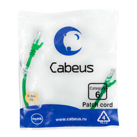 Патч-корд 4 пары, 2хRJ45, 0,3м, Кат.6, UTP, зеленый, PVC, Cabeus PC-UTP-RJ45-Cat.6-0.3m-GN