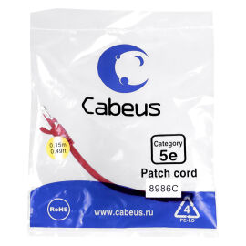 Патч-корд 4 пары, 2хRJ45, 0,15м, Кат.5e, UTP, красный, PVC, Cabeus PC-UTP-RJ45-Cat.5e-0.15m-RD