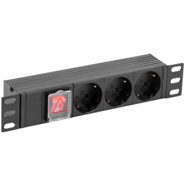 Блок розеток 10", 1U, 3 гнезда (Schuko), вход С14, 10А, с LED выкл, без кабеля, ITK PH12-3D3-P