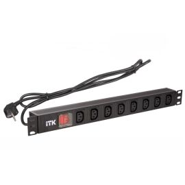 Блок розеток 19", 1U, 8 гнезд, вход C13, 16A, с LED выкл., черный, кабель 2м, ITK PH12-8C131